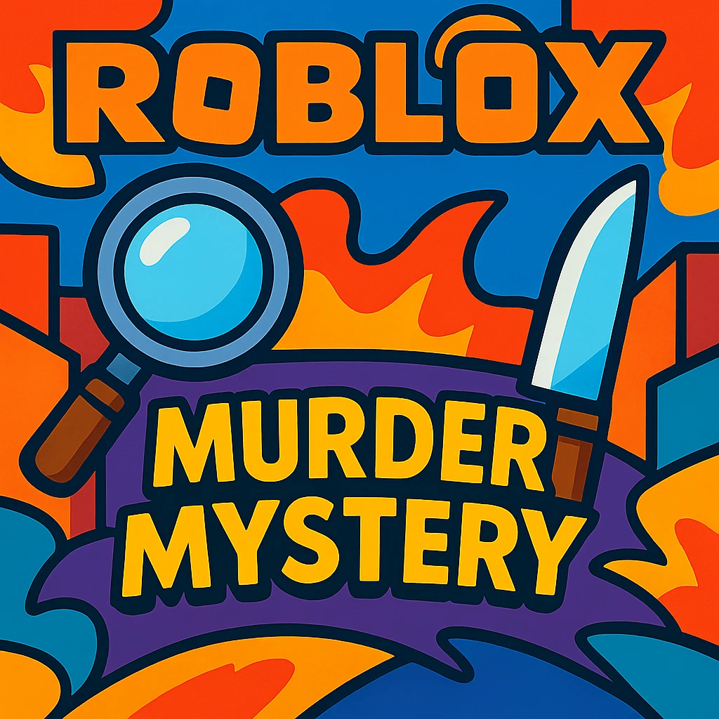 Roblox Murder Mystery logo with bold text, knife and magnifying glass, vibrant toon style emoji