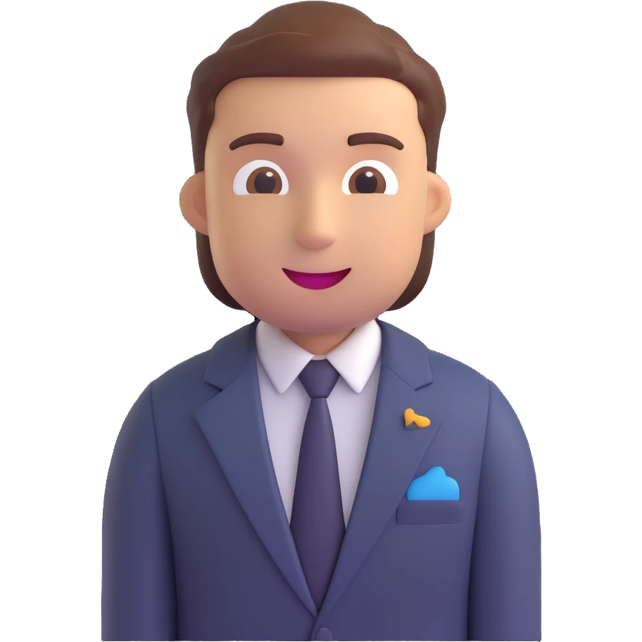 Turn this man in a suit and tie into a 3D emoji style illustration with soft shading, friendly expression, and light background. emoji