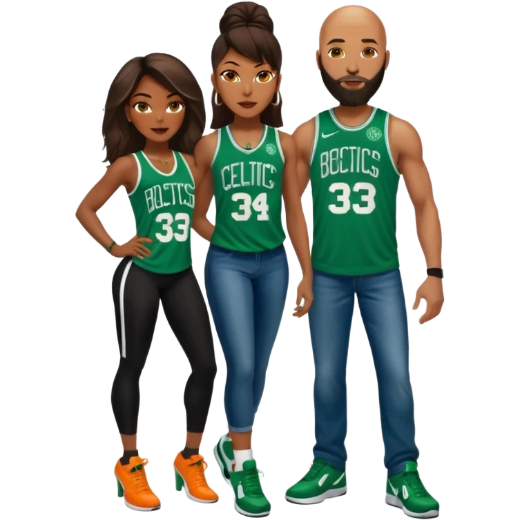 48 yr old black woman with Brown eyes, long dark brown balayage hair dressed in sexy 
celtics jersey costume outfit and stilettos. bald white man with orange facial hair & beard, with Blue eyes, wearing a Jason Tatum Boston Celtics Jersey, jeans & matching Nike sneakers  emoji
