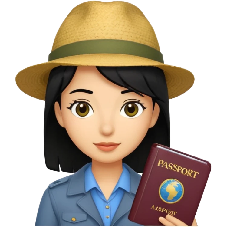 black haired Traveler character with passport emoji