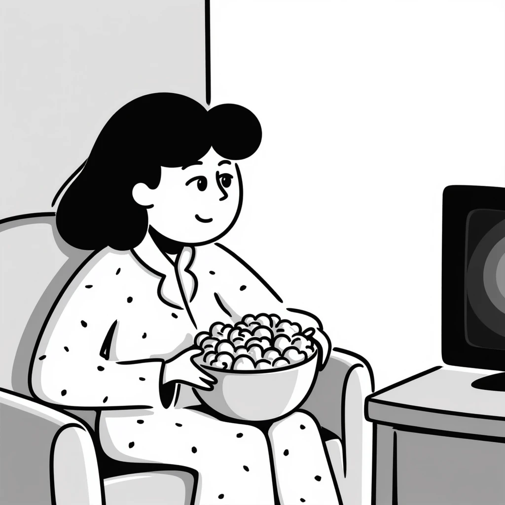 Hand-drawn person in pajamas watching movie at home with a big bowl of popcorn, tv light glowing emoji