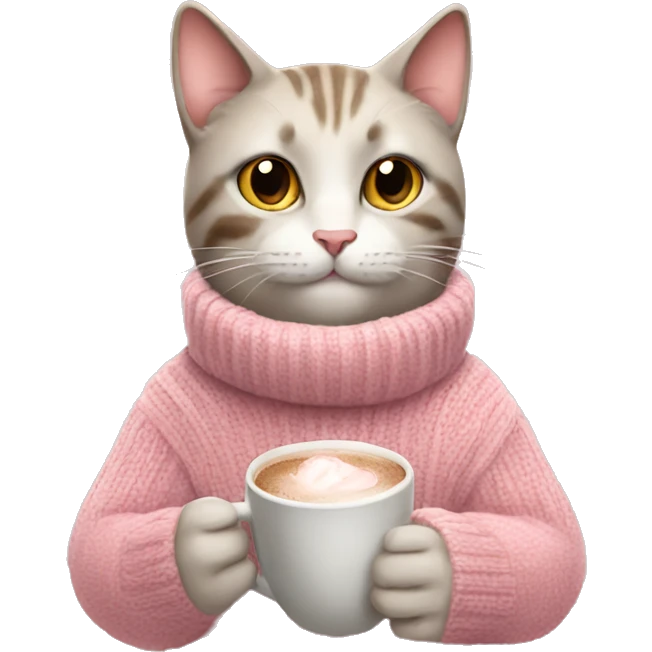 Cat wearing a soft pink sweater drinking a hot chocolate emoji