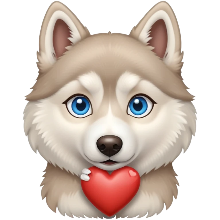 Beige husky with blue eyes holding a brown heart emoji