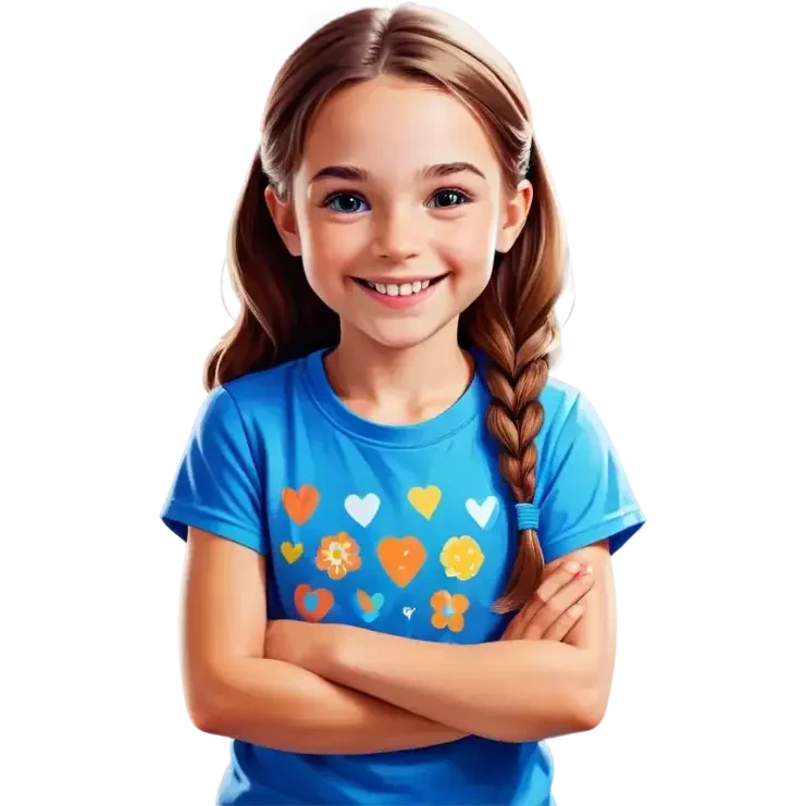 Little Girl, white skin, bronze hair, smile, tutor, bright blue t shirt emoji