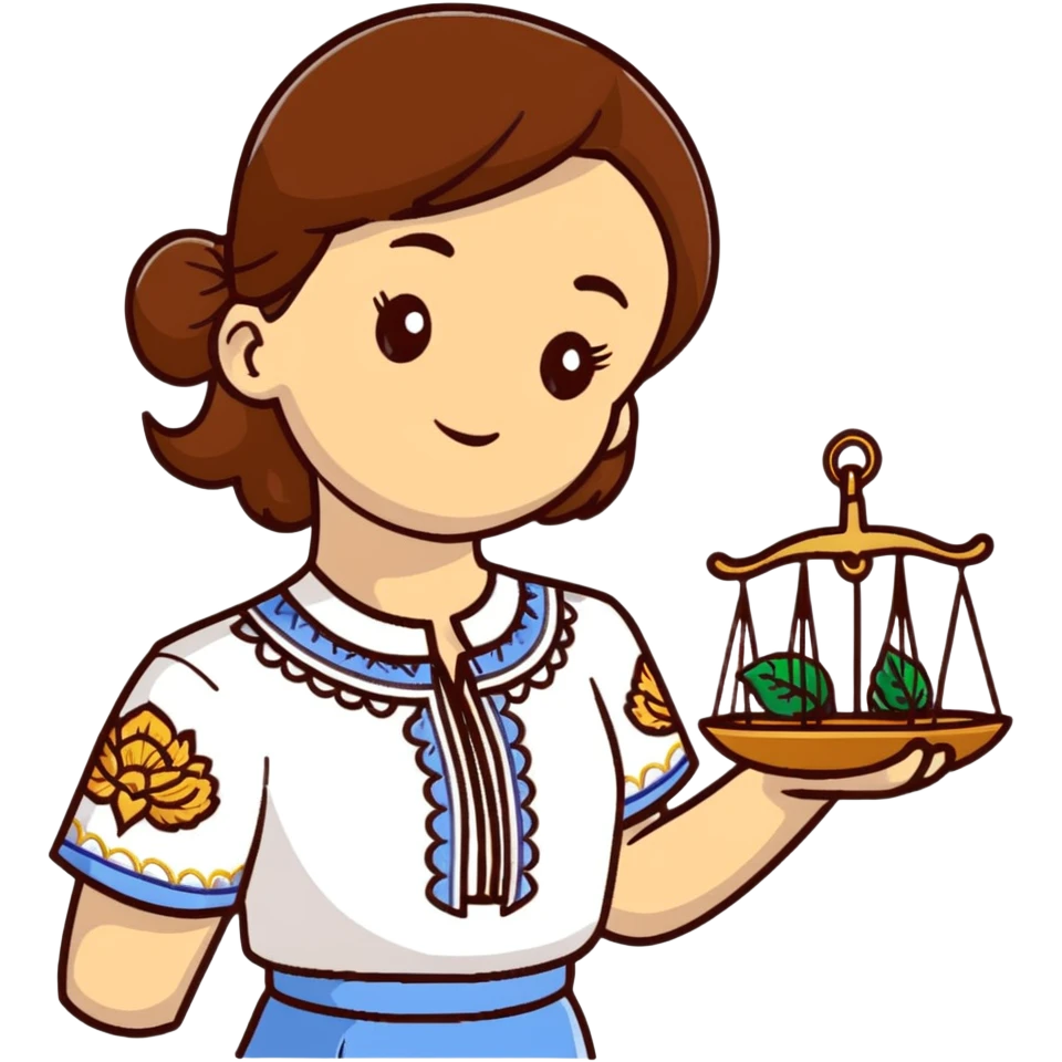 A Ukrainian girl with brown hair in an embroidered shirt holds the scales of truth in her hand emoji