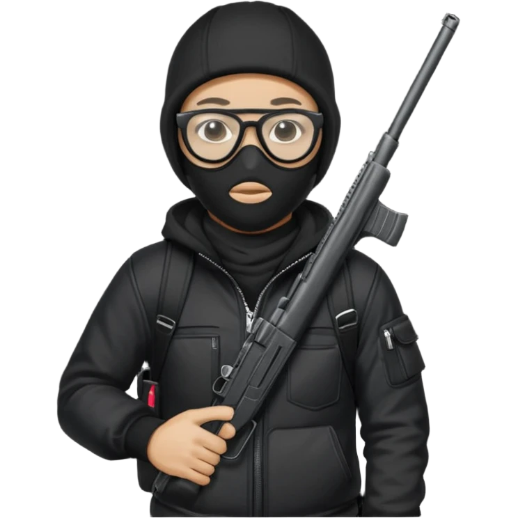 YN wearing a ski mask, holding a gun, all black fit, black jeans, Sprayground bookbag, confident stance with glasses emoji