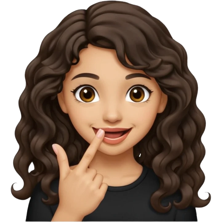a light skin girl w black slight brown really tall wavy hair biting one fingering and smiling (in a flirty way) with big brown pretty eyes , make sure shes biting the finger, and the hair is wavy not curly emoji