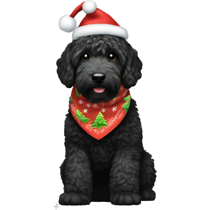 Black golden doodle wearing a Christmas bandana emoji
