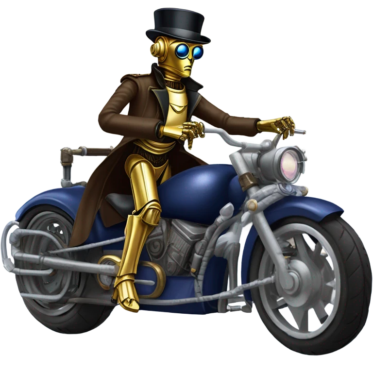 C-3PO wearing a pair of navy-blue rimmed steampunk goggles, hat, leather chaps, fringe jacket riding a fast 3 wheeler trike steampunk motorcycle on ice  emoji