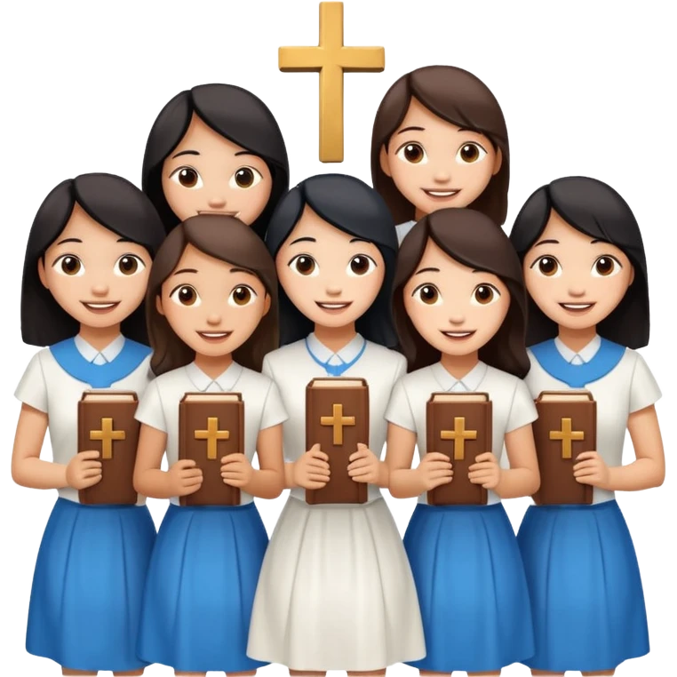 eight asian girls holding bibles and crosses and laughing  emoji