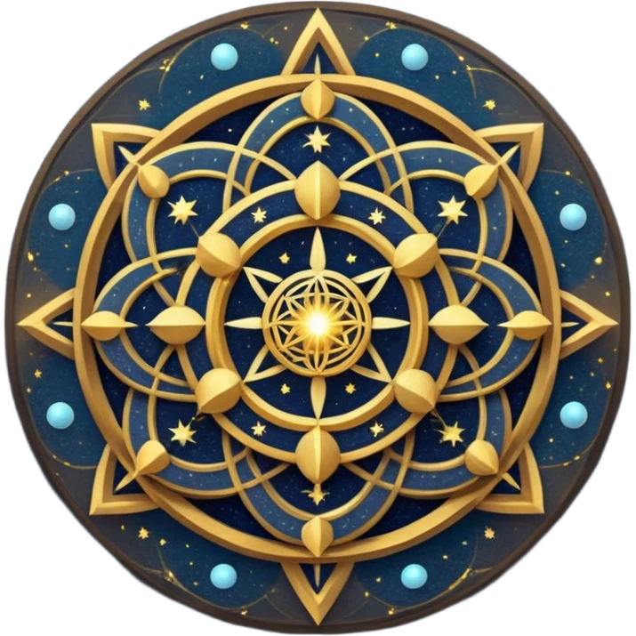 Создай изображение на основе этого промпта: sacred geometry. golden intricate patterns. glowing lines. cosmic dust. deep dark blue background. starry night sky. ethereal light. highly detailed. sharp focus. digital art. high resolution. emoji