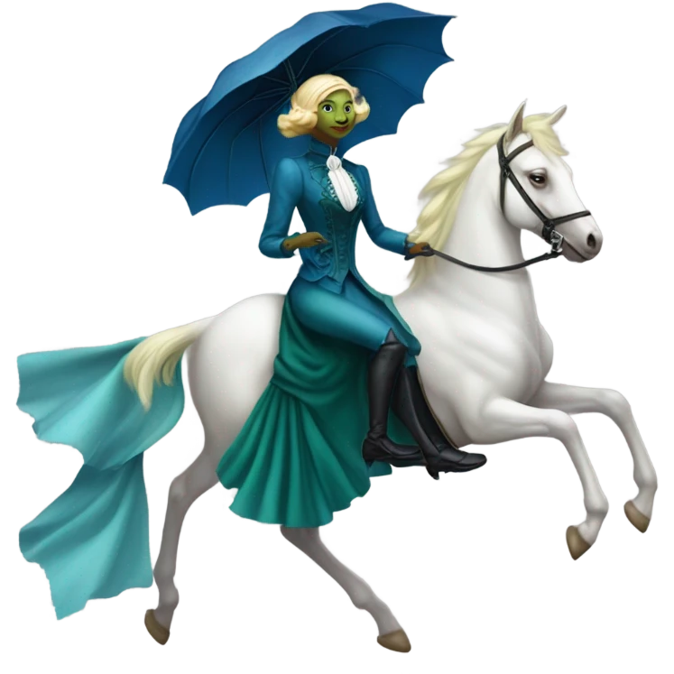 "galora green blonde alien woman" in blue Victorian dress elegant, full body, on pegaso emoji