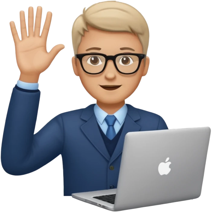 white man with laptop hand up hello emoji