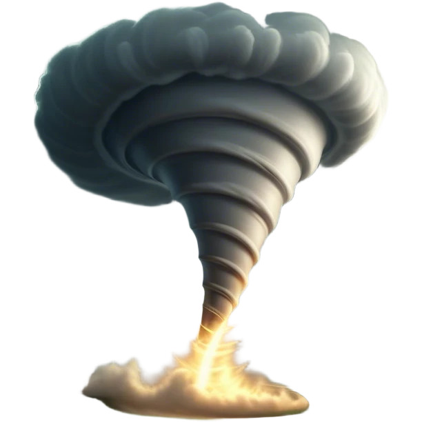 Cinematic Realistic Tornado Emoji, Spiraling fiercely, with dark swirling clouds that twist and stretch downward in a funnel shape. The winds whip up debris as the tornado roars across the landscape, leaving a trail of awe and fear. Soft glowing outline, capturing the essence of wild force and unpredictable power in a mighty tornado! emoji