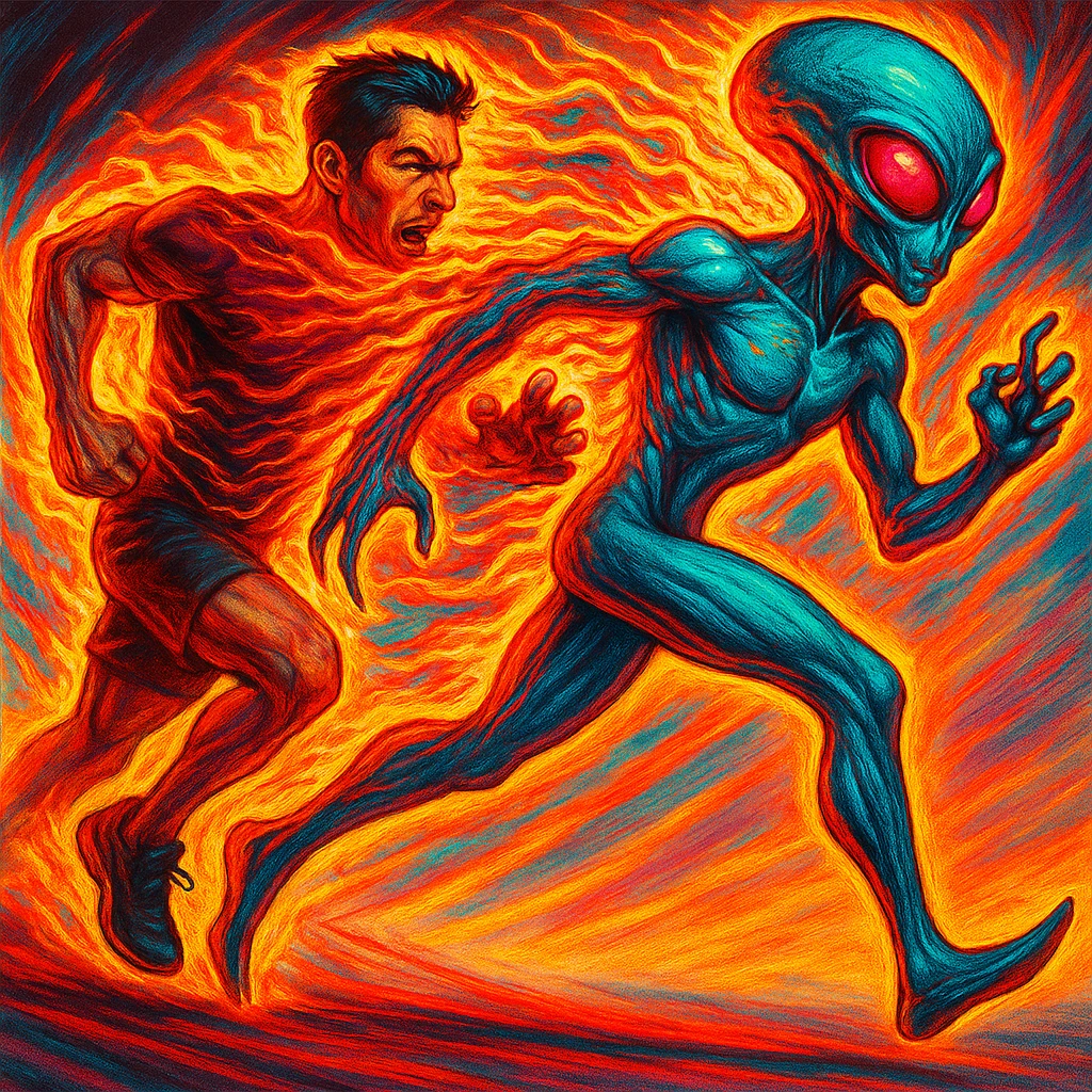 Make the alien transformation more dramatic with emphasized alien features, intense energy, vivid colors, and dynamic motion. Keep the human-to-alien transition clear and visually striking. emoji
