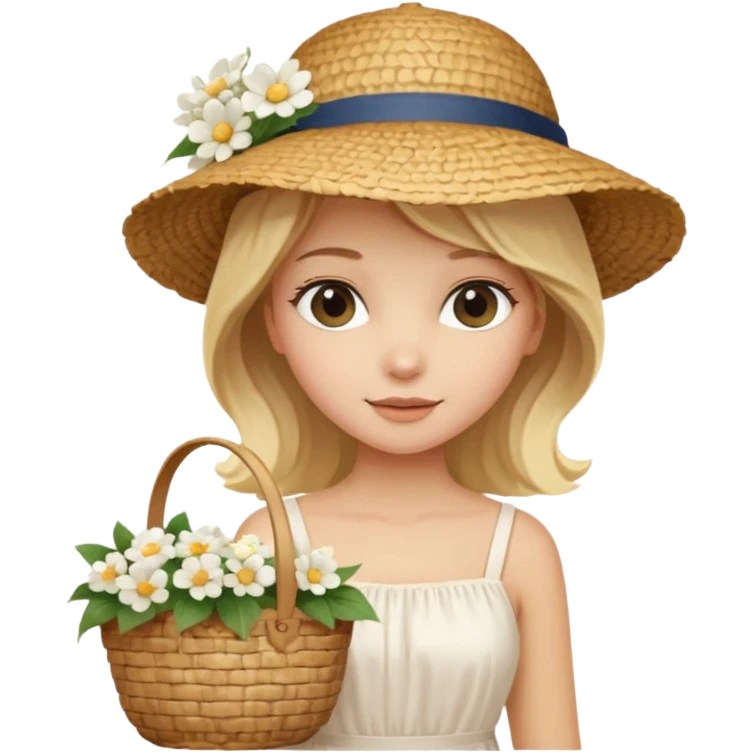 summer beautiful wicker hat, beach beige bag and bouquet of white flowers and blonde girl in Italy white dress emoji