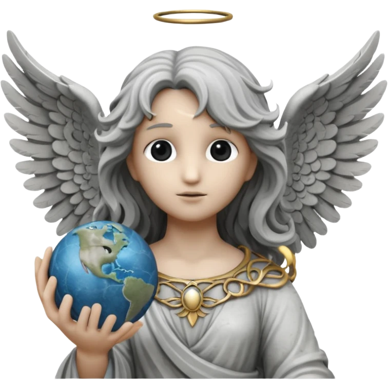 Angel statue (All gray/Rock) long wavy hair hollow eyes feathered wings holding the world (White and Black)  emoji