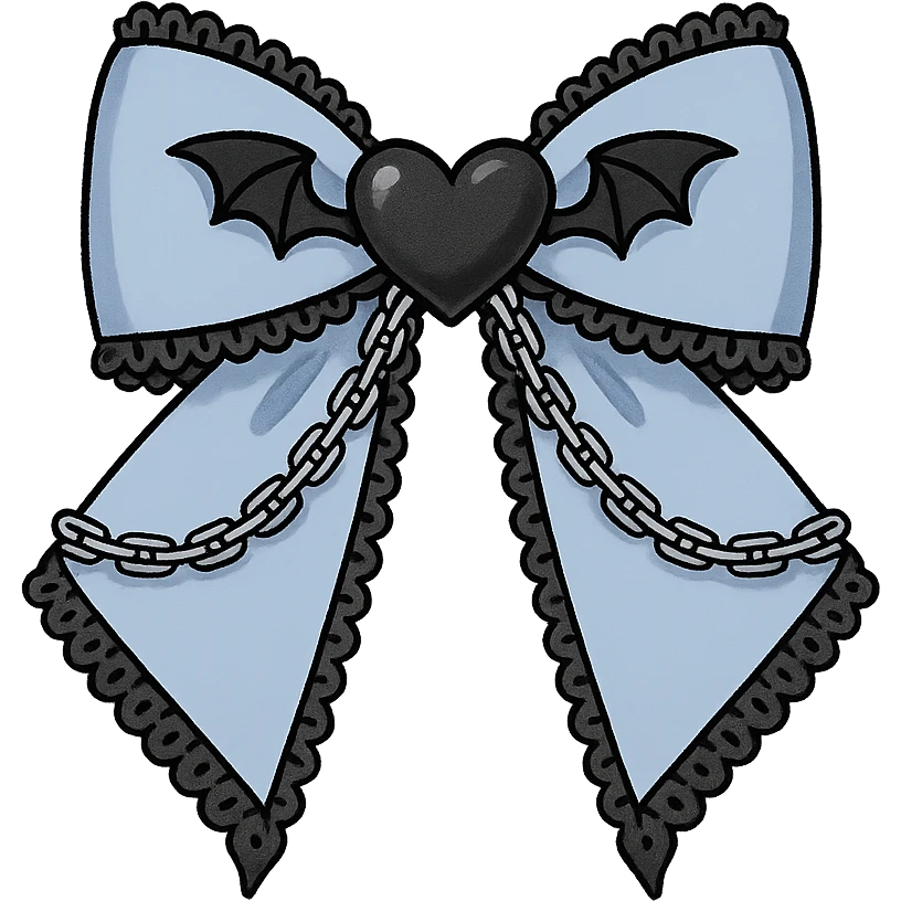 Create a pastel blue gothic bow with black lace trim, heart charm, bat wings, and silver chains. The image should have no background and be in a general style. emoji