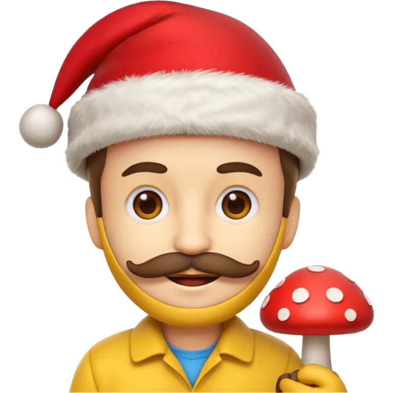 yellow emoji face with brown mustache and red Christmas hat, holding tiny red mushroom, 3D emoji style, 1:1
 emoji