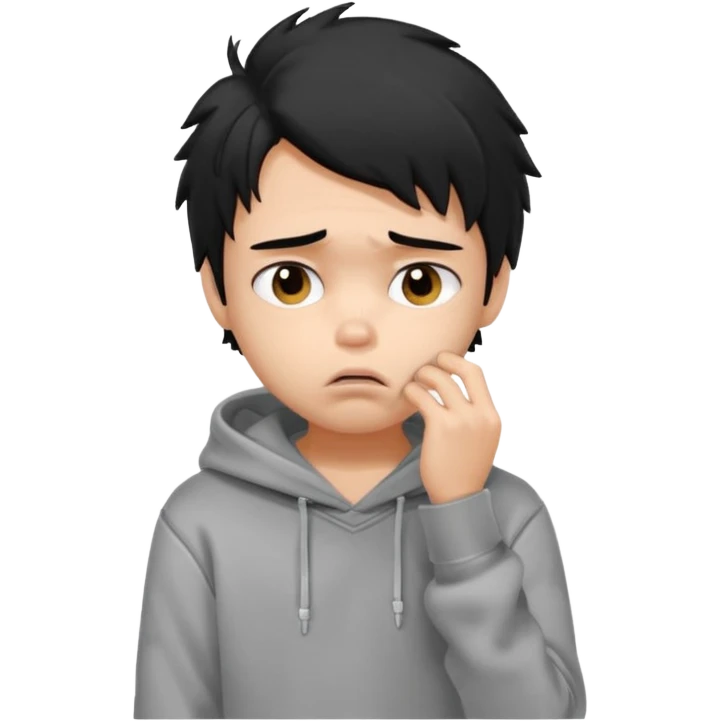 generate a pretty bratz fair skinned boy with messy black hair in a grey hoodie looking sad and bored with hand on chin emoji