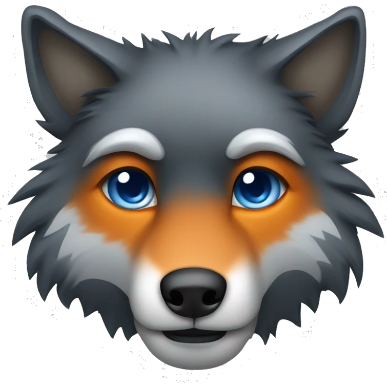a blacky gray wolf furry head, with right ear orange and left ear blue, right eye blue and left eye orange, sad emoji