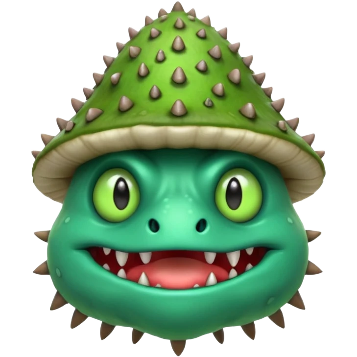 poisonous mushroom monster portrait, head and shoulders only, animal-like creature, mushroom cap head with spikes, toxic green glow, beast-like eyes, furry neck details, monstrous but cute fantasy vibe, 3D cartoon, mobile game icon style, clean background, no text, no watermark

 emoji
