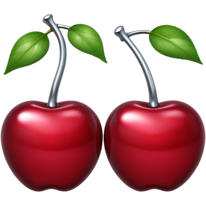A pair of cherries emoji made of liquid silver chrome, smooth rounded shapes, glossy metallic surface, subtle sensual vibe, luxury sexy aesthetic, iOS emoji style, centered, clean white background emoji
