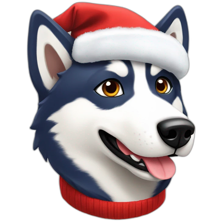 Husky avec un bonnet de père noël qui fait du sky emoji