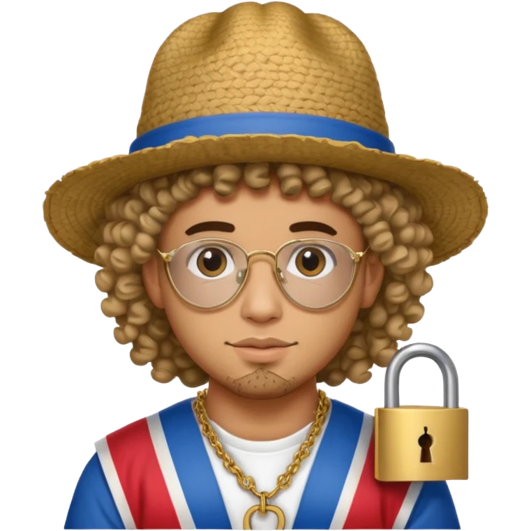 An emoji of Bad Bunny, the superstar from Puerto Rico. The singer. His hair is curly. He has a padlock beard. An an traditional boricua hat.  emoji