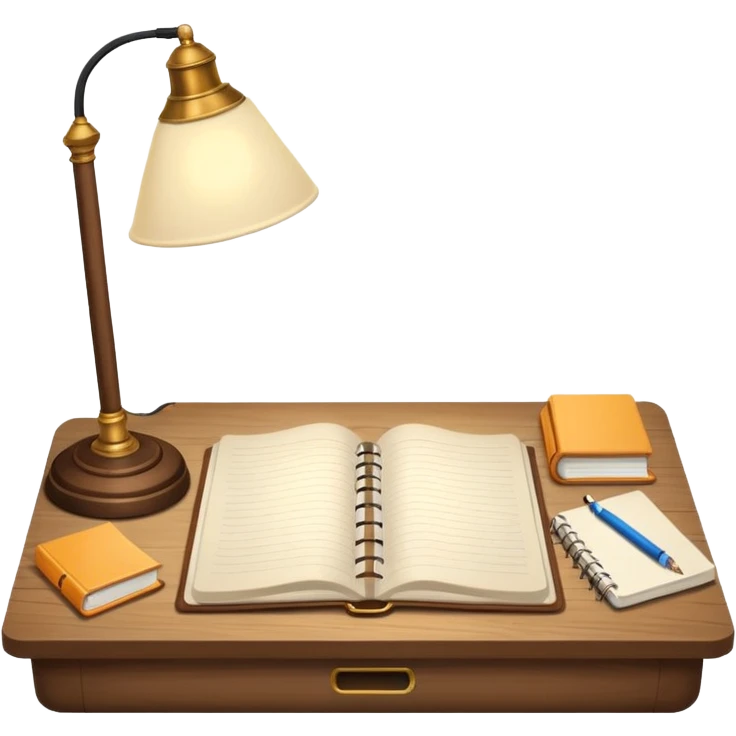 a desk with a lamp and open notebook emoji