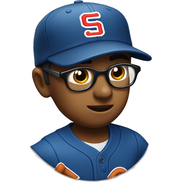 little leaguer wearing thick glasses wearing a baseball cap with an SVS logo on the baseball cap emoji
