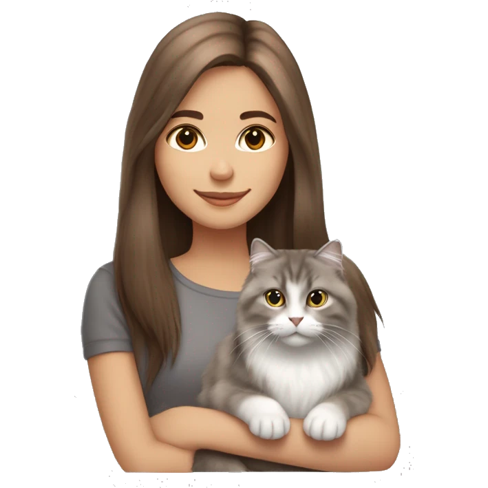  Chestnut brown straight hair girl holding fluffy Siberian gray cat  emoji