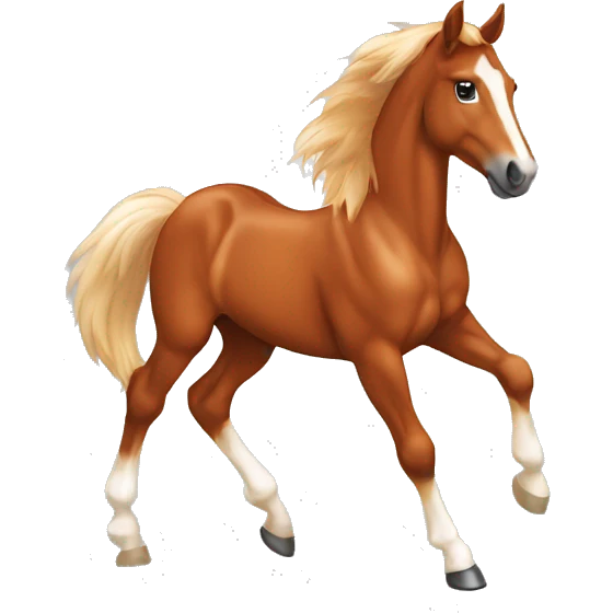 Chestnut horse with white, cheeky playful horse, young horse foal filly horse yearling playful trotting emoji