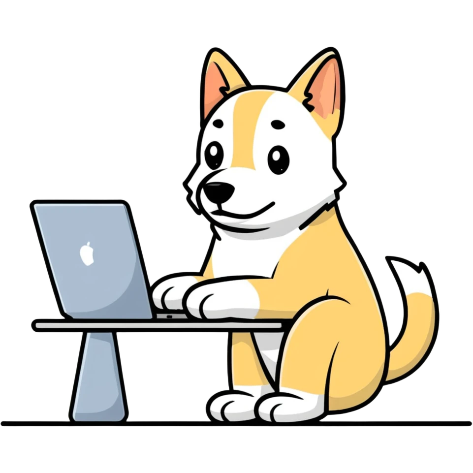 light-colored dog as a graphic designer, sitting at a computer, working on a design emoji