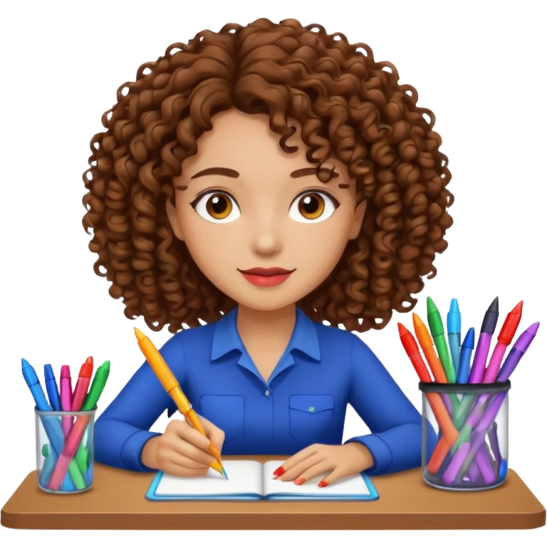 A women curly hair long and light skin with markers on her desk emoji