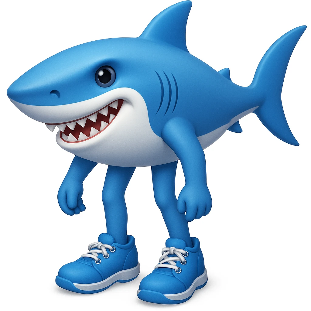 Add legs to the shark so it is actually wearing the blue shoes, keeping the style similar to emoji style (apple style emojis). emoji