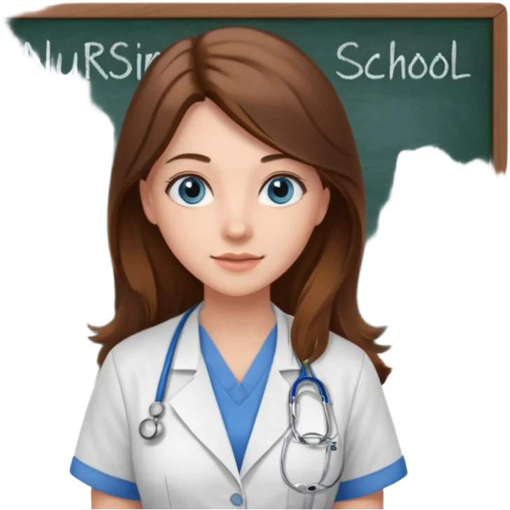 university classroom that says nursing school on the blackboard with a pretty female nursing student with long brown hair, blue eyes emoji