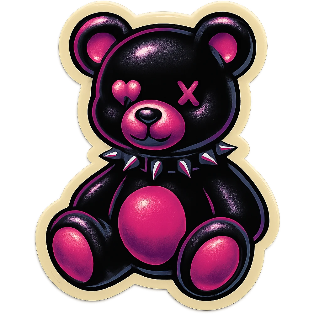 gothic teddy bear with black and pink color scheme, bear with spiked collar, retro stickers style emoji