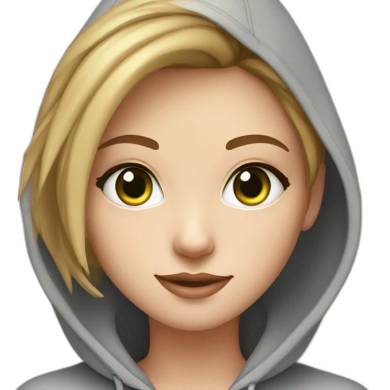 beautiful girl with computer,green eyes,beautiful girl with short read hair with computer,blue eyes,white skin, makeup, hoodie,short light-brown hair,code in background emoji