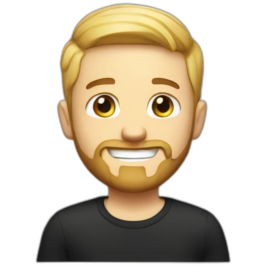 White guy, short bearded, very short hair, blonde with a black t-shirt smiling emoji