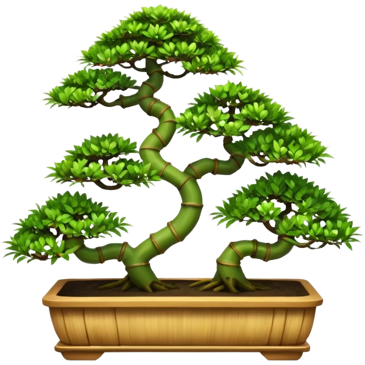 Twisted bamboo floor shelf unit displaying bonsai plants(in shallow bonsai pots) because they have too many  emoji