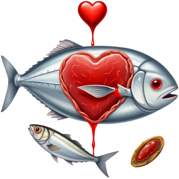 Ethereal red meat, liver, and sardines glowing with magical energy surrounding a bright red blood cell. Mystical light connects the foods to the blood cell and flows toward a heart and muscles, showing heme iron's role in creating vitality and energy throughout the body. emoji