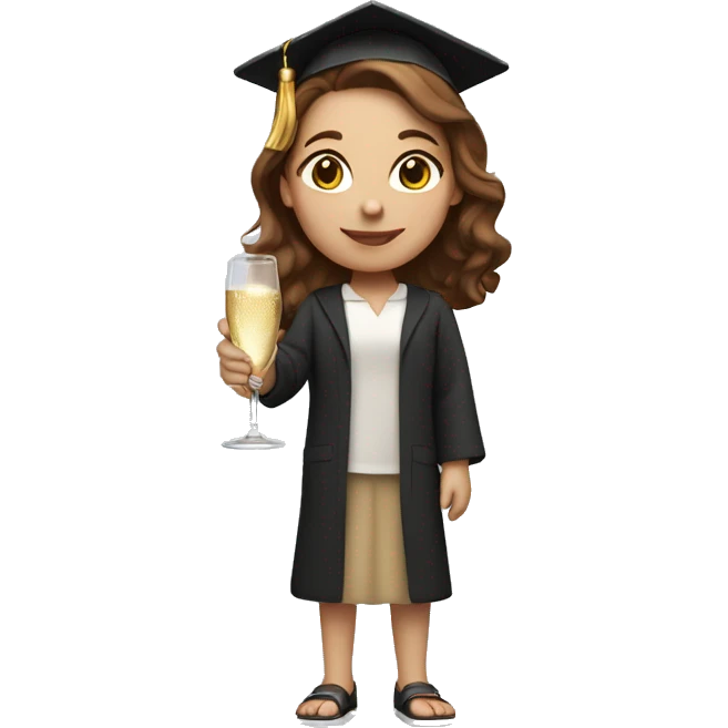 girl, university graduate, with brown hair, fair skin, holding champagne emoji