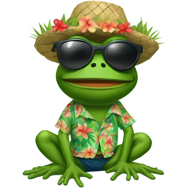 Pepe the Frog wearing a Hawaiian shirt with floral patterns, a grass skirt, and a pair of sunglasses, with a relaxed and carefree expression. emoji