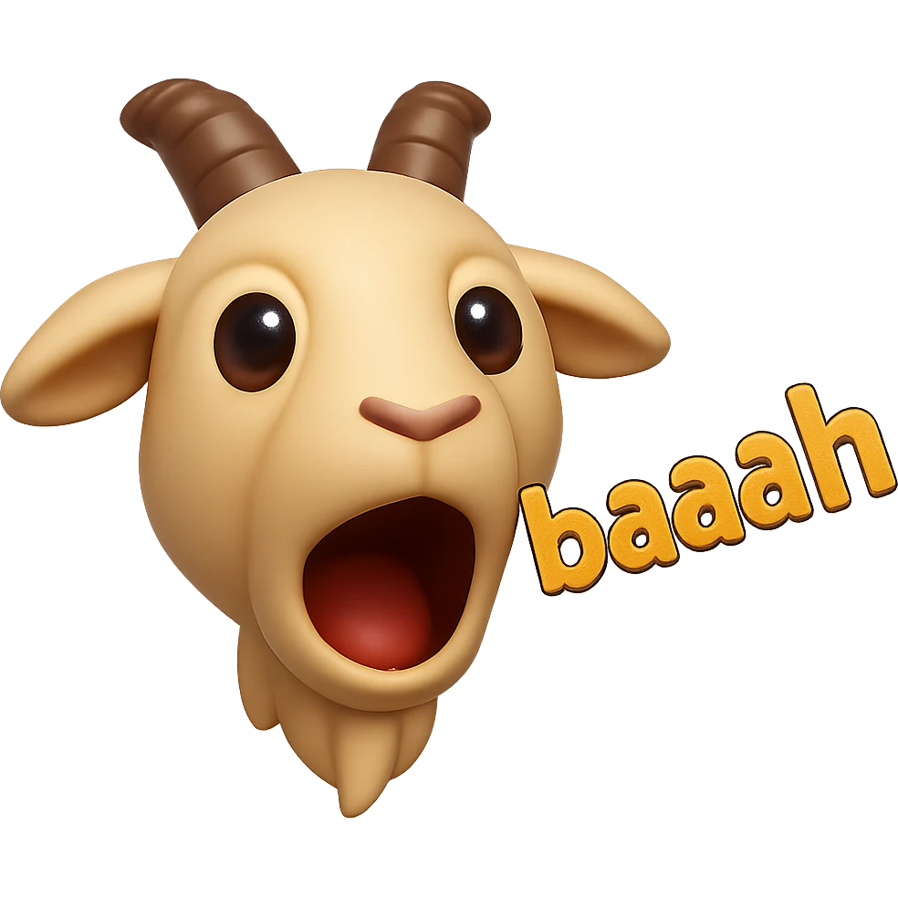 3D emoji style goat with mouth open saying 'baaah' (text included) emoji
