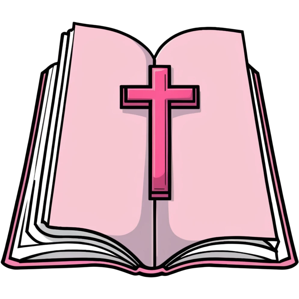 pink open Bible book with visible pages and cross, cartoonish style emoji