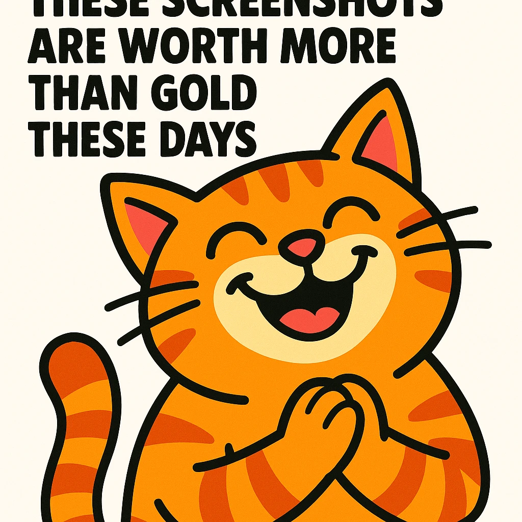 thankful cat, smiling, with the text 'these screenshots are worth more than gold these days' on a white background, vibrant toon style emoji