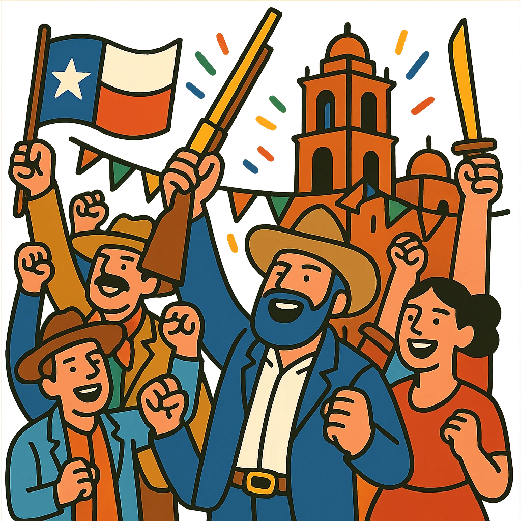 Texans celebrating and cheering after taking over Mexico City in 1867, festive mood emoji