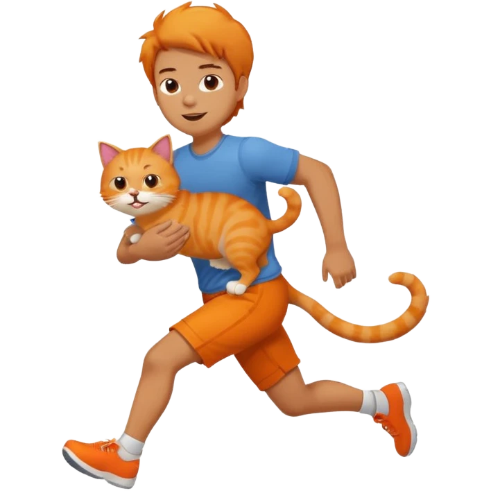 guy holding orange cat in his arms and running emoji