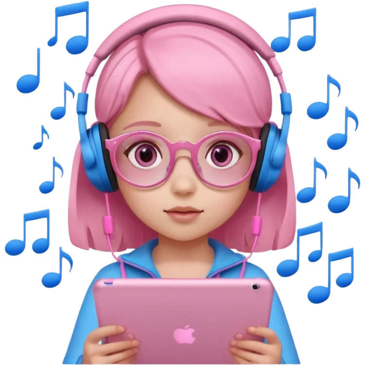 Little girl with headphones when pink eyes and pink iPad and pink dreamy background and rose colored glasses and blue music notes around her emoji